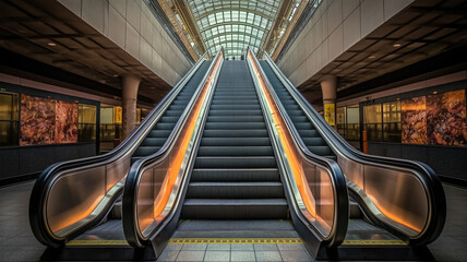 Escalator in the subway lobby in a big city, an urban concept, upward mobility