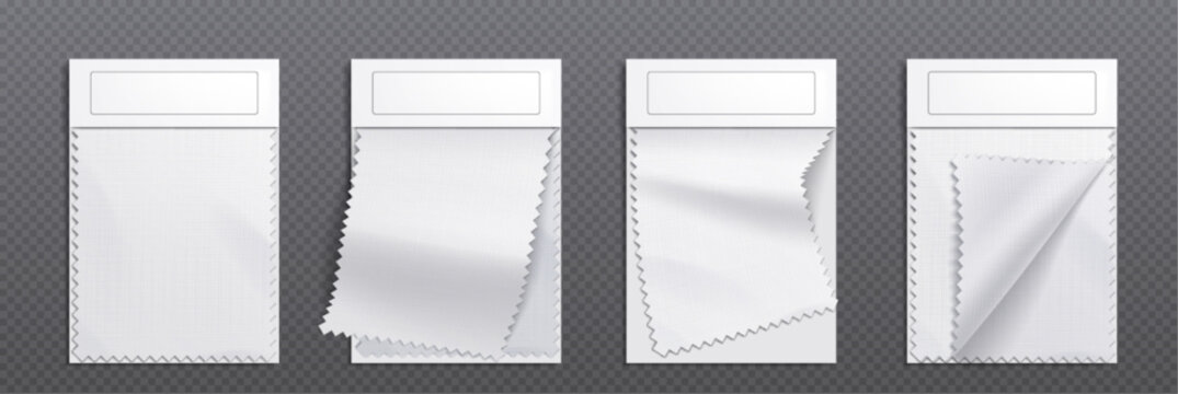 Mockup of fabric swatches, textile samples. 3d template of blank cards with pieces of white cloth with zigzag edges isolated on transparent background, vector realistic set