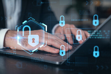 Woman typing on laptop at office workplace in background. Concept of working process, internet surfing, online business education. Student send e-mail. Close up view. Hands Shot. Lock security data