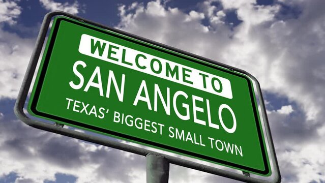 Welcome to San Angelo, Texas' Biggest Small Town. USA City Road Sign, Close Up, Realistic 3d Animation