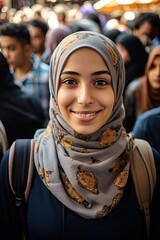 Fototapeta premium pretty, beautiful, very attractive middle eastern young woman looking at the camera posing at an Arab city market.