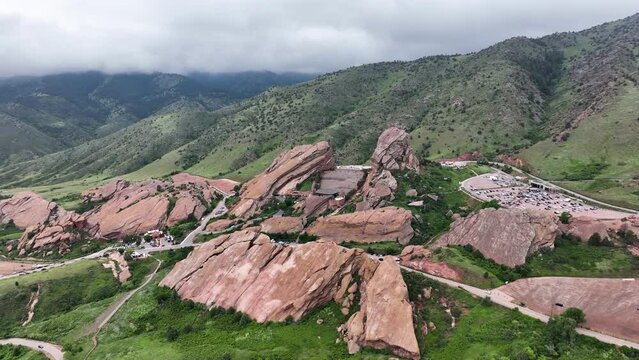Colorado Mountains Red Rocks Aerial Drone on a Cloudy Day in Denver - Amphitheatre Landscape Scenic Amphitheater