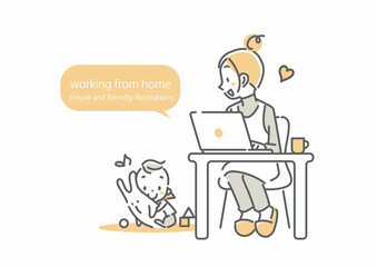 在宅勤務で赤ちゃんと一緒に充実した時間を過ごすお母さん　シンプルでお洒落な線画イラスト