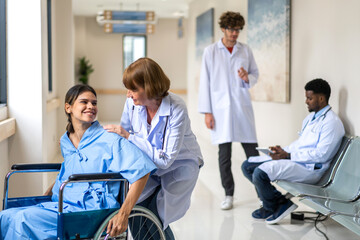 Obraz premium Senior woman doctor wearing uniform with stethoscope help discussing and consulting talk to sick woman patient checkup information, support, care, diseases, treatment in hospital.healthcare