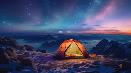 Papier Peint photo Kilimandjaro Amidst the African savannah, under the starry night sky, a tent awaits adventurous souls looking to embark on an unforgettable hiking experience at the foot of Kilimanjaro.