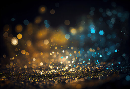 Glittering diamond and gold bokeh lights on black textured background. Glamorous sparkle for luxury or fashion themes. AI Generative.