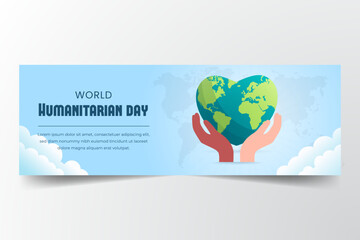 World Humanitarian Day horizon banner with multiple ethnic hands and heart shape globe illustration