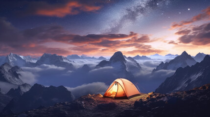 Amidst the African savannah, under the starry night sky, a tent awaits adventurous souls looking to embark on an unforgettable hiking experience at the foot of Kilimanjaro. - obrazy, fototapety, plakaty