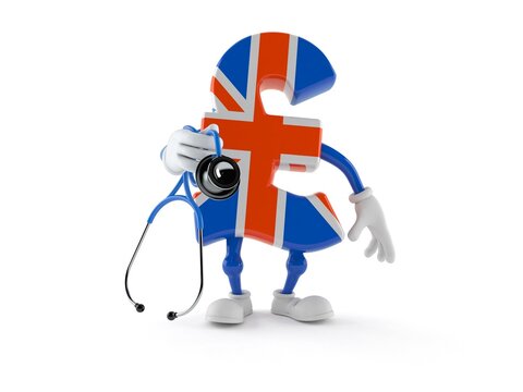 Pound currency character holding stethoscope