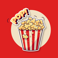 Popcorn in a red striped bucket illustration flat design. Pop corn box isolated on white background. Cartoon sticker cinema food  - obrazy, fototapety, plakaty