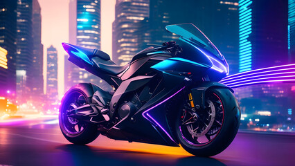 A futuristic motorcycle through a cutting-edge urban landscape created with Generative AI Tools