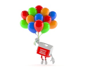 Transplant box character flying with balloons