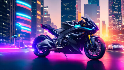 A futuristic motorcycle through a cutting-edge urban landscape created with Generative AI Tools