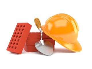 Trowel and bricks with hardhat - 614642358