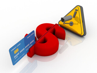 3d rendering  credit or debit card with dollar under cctv camera