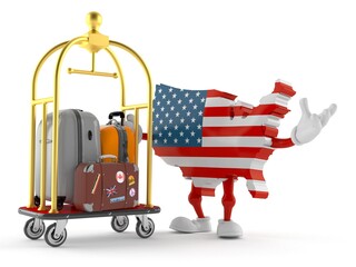 USA character with hotel luggage cart
