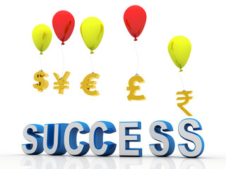 3d rendering Global Currencies sign flying balloon success concept