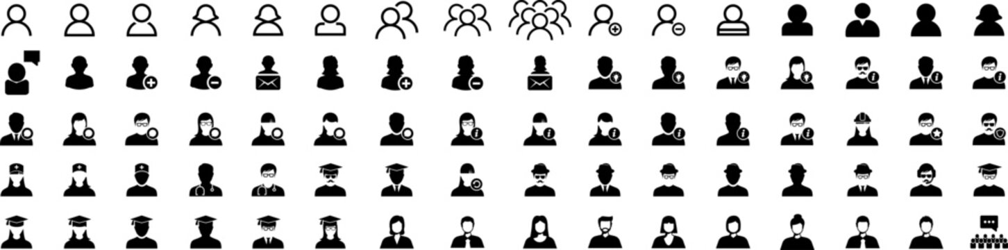 People Icon Set. Containing Group, Family, Human, Team, Community, Friends. People Characters Various. Woman And Man Face Line Icons. Vector Illustration