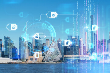 New York City skyline from New Jersey over the Hudson River towards Midtown Manhattan at day time. Decentralized economy. Blockchain, cryptography and cryptocurrency concept, hologram