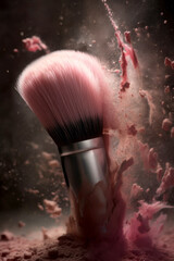 powderbrush on dark background with pink powder splash. generative AI