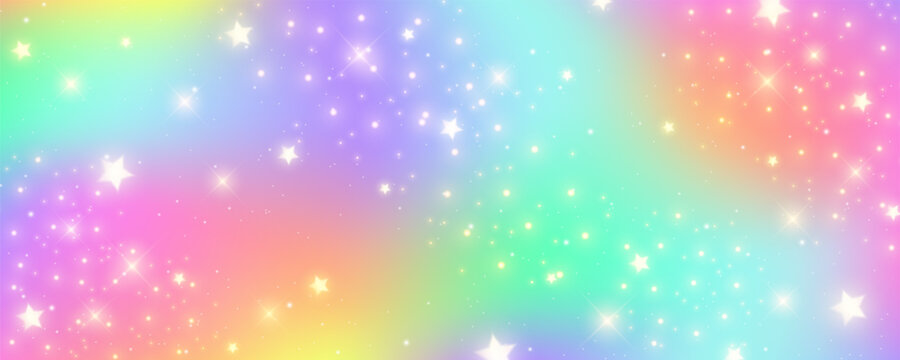 Rainbow pastel background with stars. Unicorn glitter galaxy. Abstract fantasy space. Holographic iridescent design with sparkles. Vector cosmic bg.