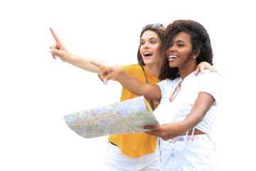 Holidays and tourism concept - beautiful girls looking for direction on a transparent background