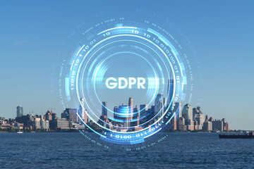 New York City skyline of Financial Downtown over the Hudson River waterfront towards skyscrapers at day. Manhattan, USA. GDPR hologram, concept of data protection, regulation and privacy