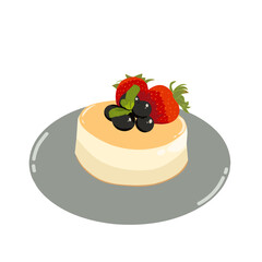 Illustration of cheesecake topped with blueberries, mint leaves and strawberries