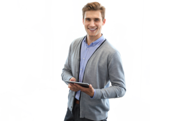 Smiling young man using digital tablet on a transparent background.