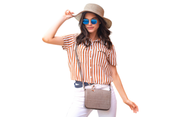 Smiling hipster trendy girl posing on a transparent background, holding hat.
