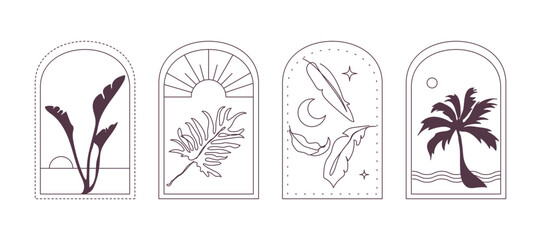 Abstract summer logo design template with palm trees, sea, sun, beach. Modern minimalist line icons, badges or emblems set for social media, travel agency, tropical spa. Isolated vector illustrations