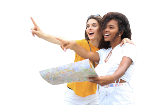 Holidays and tourism concept - beautiful girls looking for direction on a transparent background
