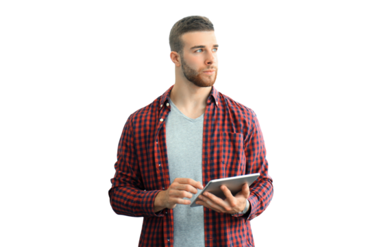 Smiling young man using digital tablet on a transparent background