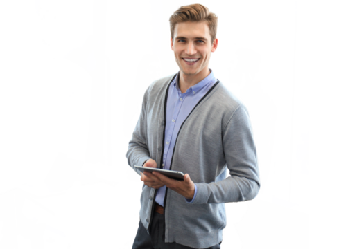 Smiling young man using digital tablet on a transparent background.