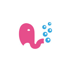 The pink elephant lets out soap bubbles from his trunk.
