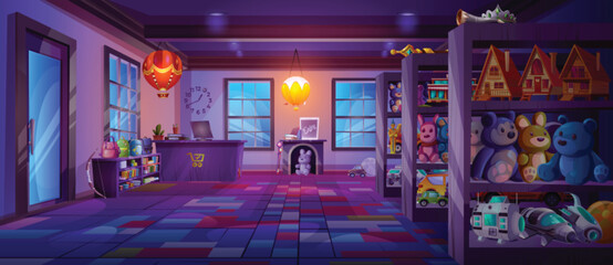 Obraz premium Cartoon toy shop with furniture and goods on shelves at night. Vector illustration of dark store room with backpacks, teddy bears, cars, rockets, books, houses, air balloons, computer on cash desk