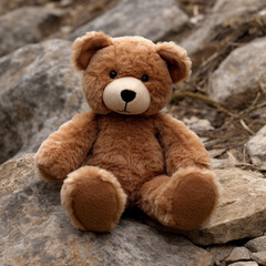 A small plushie brown bear in the environment. A small plushie bear sit down on the ground.