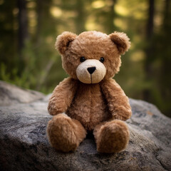 Fototapeta premium A small plushie brown bear in the environment. A small plushie bear sit down on the ground.
