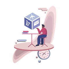 Cartoon faceless man sitting in front of his tasks, lists, and mails. Working overtime and smart scheduling. Color 2d vector graphic. Flat style illustration