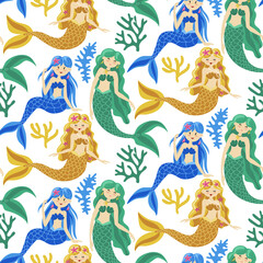 Seamless children's pattern with cute colored mermaids and sea elements. Yellow, green, and blue are the primary colors. Colored corals. Cartoon background. Ideal for fabrics, textiles, packaging