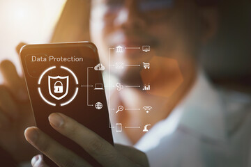 Cyber security network. Data protection concept. Businessman using laptop computer with digital padlock on internet technology networking with cloud computing and data management, cybersecurity
