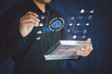 Cyber security network. Data protection concept. Businessman using laptop computer with digital...