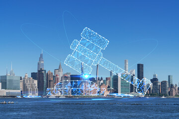 New York City skyline, United Nation headquarters over the East River, Manhattan, Midtown at day time, NYC, USA. Glowing hologram legal icons. The concept of law, order, regulations, digital justice