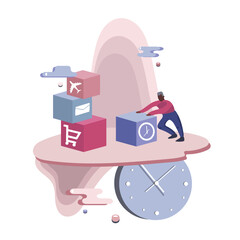 African cartoon man trying to manage his timetable abstract idea. Time and deadline management in office routine, hard work 2d vector graphic. Flat style illustration on white background