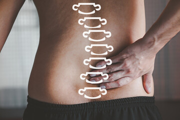 Back pain concept, kidney inflammation, man suffering from backache at home. - obrazy, fototapety, plakaty