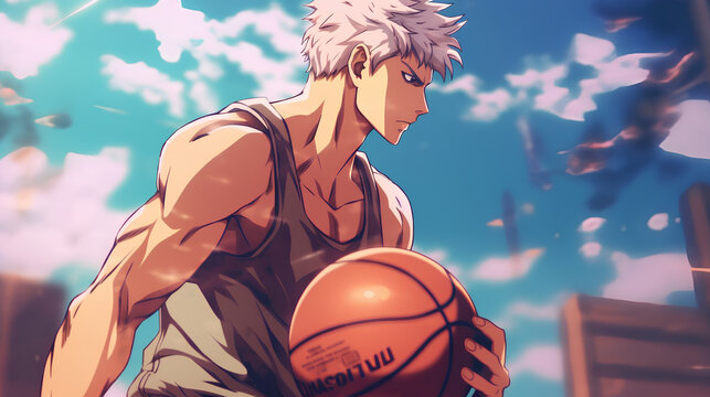 Anime Male Character Playing Basketball. AI Generated.