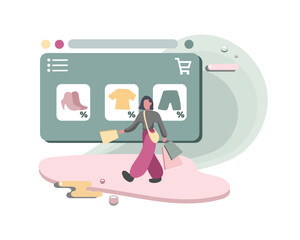 Stylish lady holding bags and walking, choosing clothes on sale. Electronic commerce. Mobile app for making purchases online. Customers on sale. Vector flat illustration in pink and gray colors