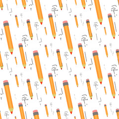 A pattern of yellow pencils scattered on a white background. Straight short yellow pencil. Return to school, the concept of teacher's day. Hand-drawn vector illustration. Square seamless pattern