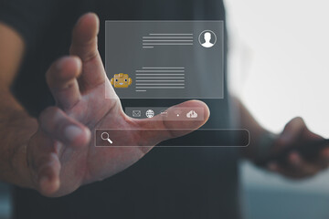 Businessman using smart phone and touching on virtual screen contact menu email. Contact us or Customer support hotline people connect. ai chat.
