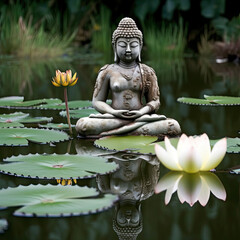 Buddha Statue in a Calm Pond with Lily Pads